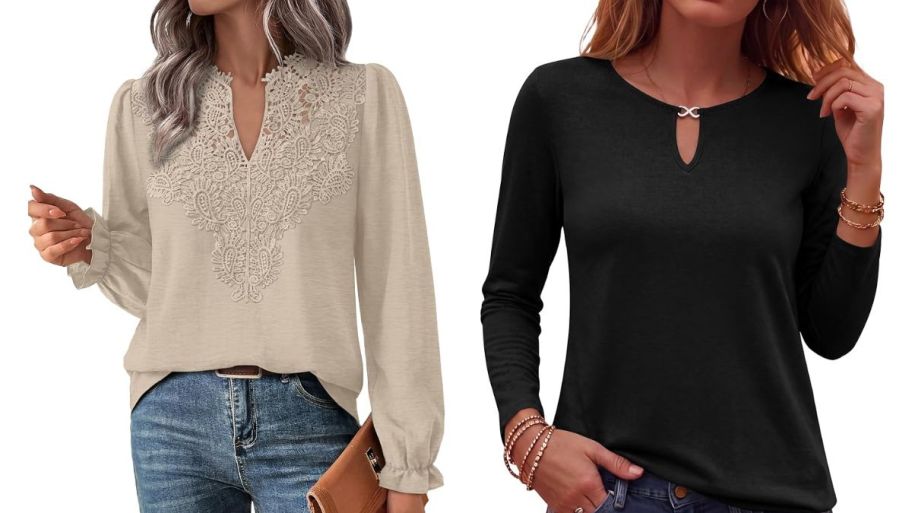 Womens amazon tops in beige with floral lace and black