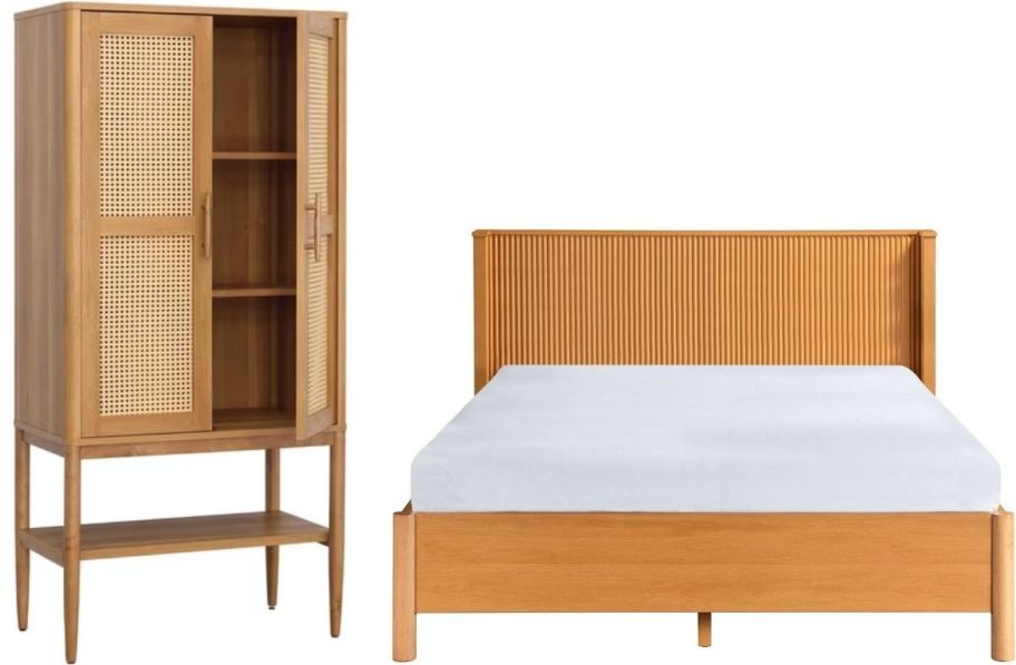 Stock images of an accent cabinet and a fluted queen bed from Walmart