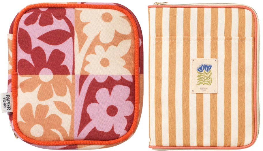 Two Papier to Go zippered cases featuring a retro floral block pattern with orange trim on the left and a yellow and white striped pattern with a small floral patch on the right.