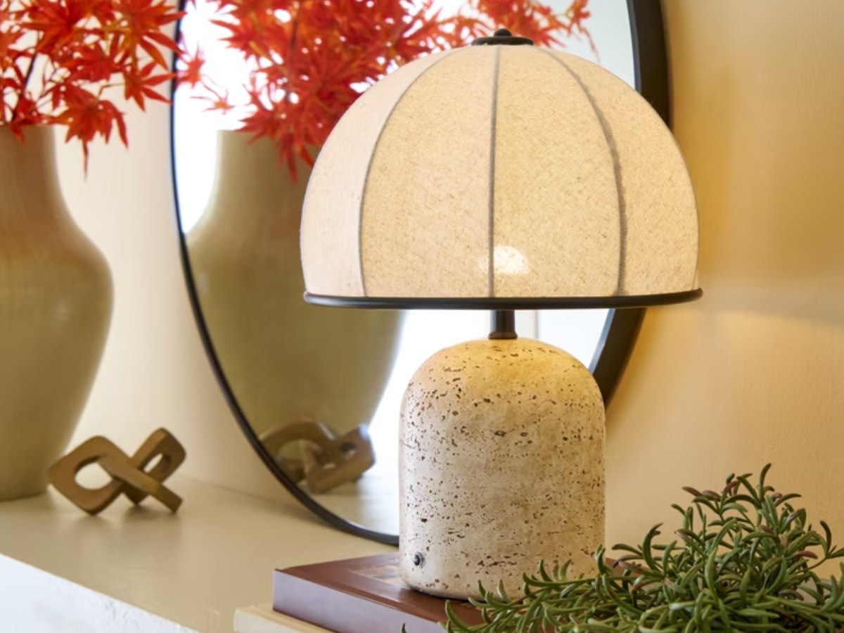 Rechargeable Walmart, stone lamp on console table in front of mirror