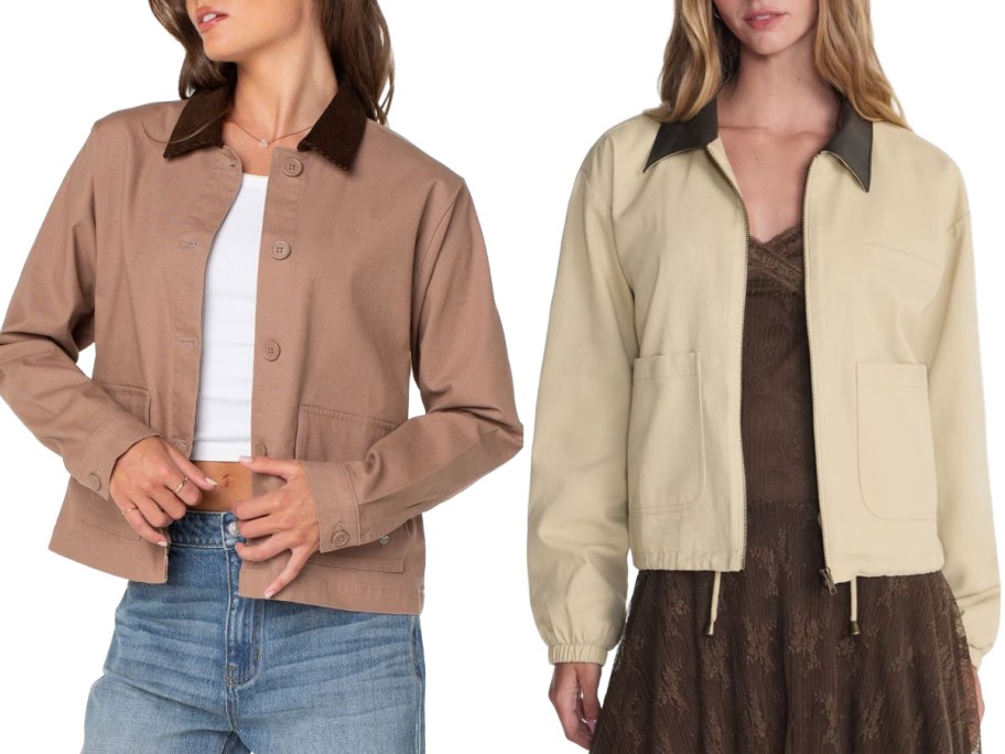 Stock images of women wearing Celebrity Pink and No Boundaries Barn jackets from Walmart