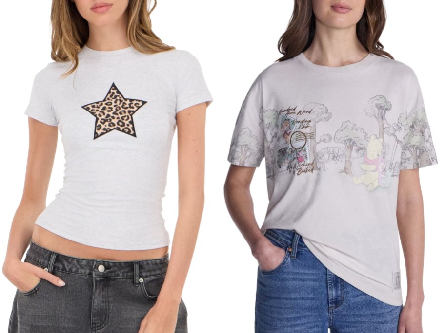 Stock images of two women wearing graphic tees from Walmart