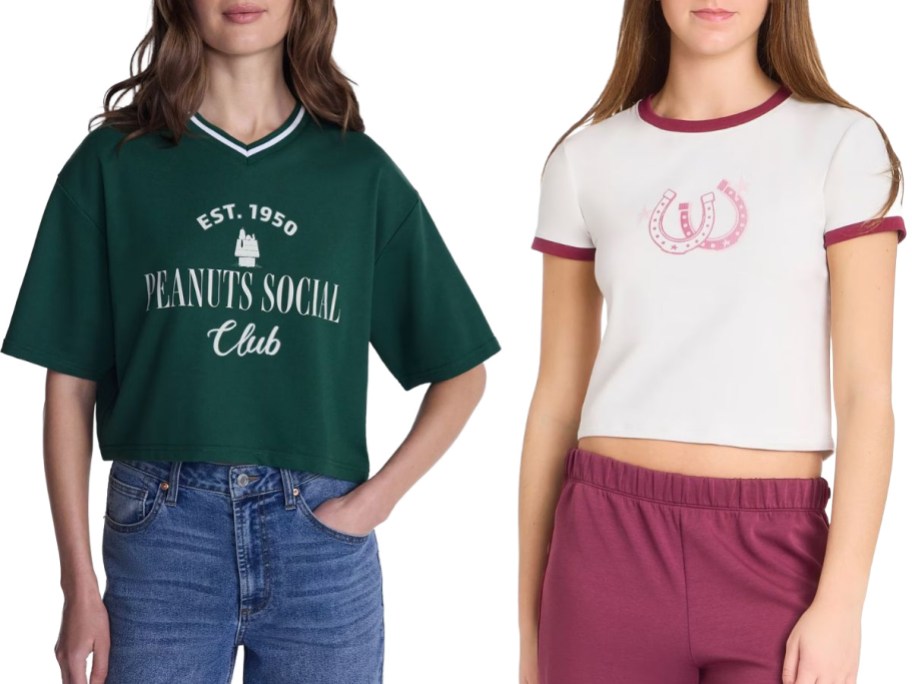 Stock images of two women wearing graphic tees from Walmart