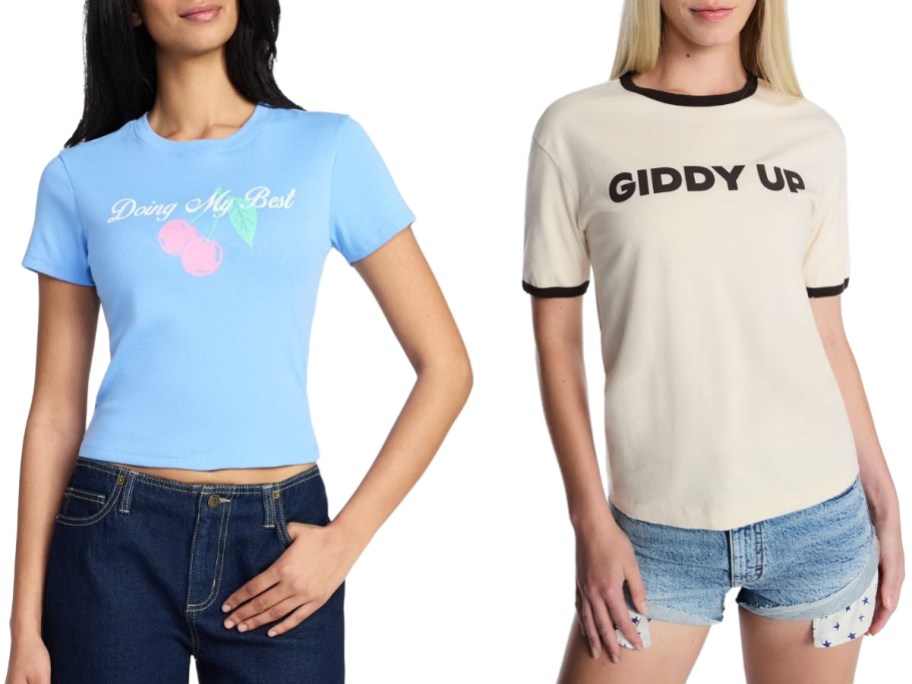Stock images of two women wearing graphic tees from Walmart