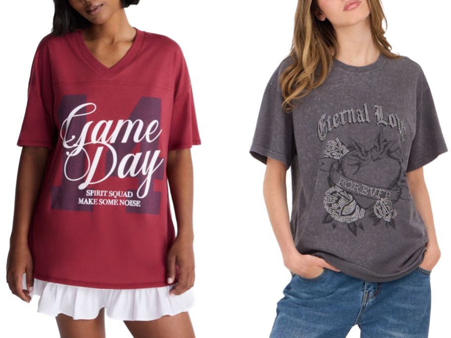 Stock images of two women wearing graphic tees from Walmart