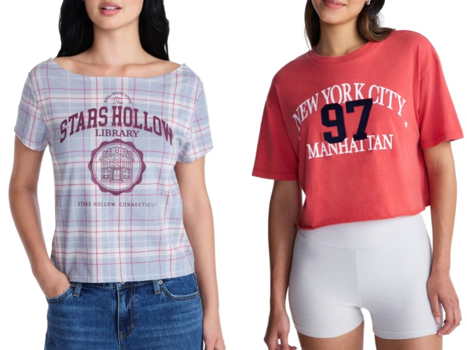 Stock images of two women wearing graphic tees from Walmart