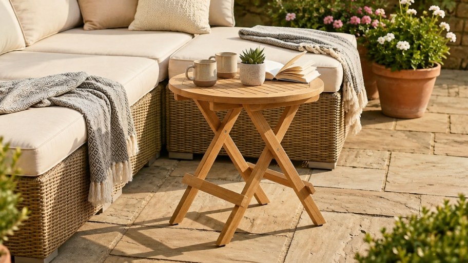 round teak side table next to an outdoor sectional