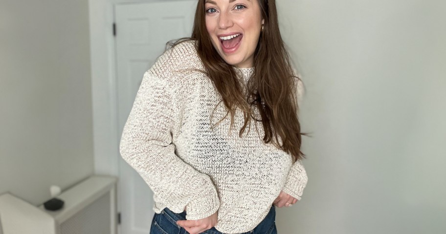 Smiling Woman wearing J Crew Sweater