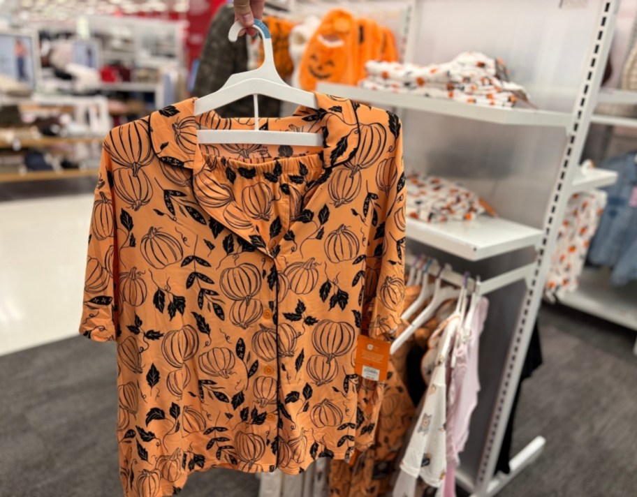 orange pumpkin and bat print pajama set