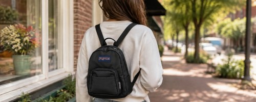 JanSport Half Pint Mini Backpack on girl walking on sidewalk