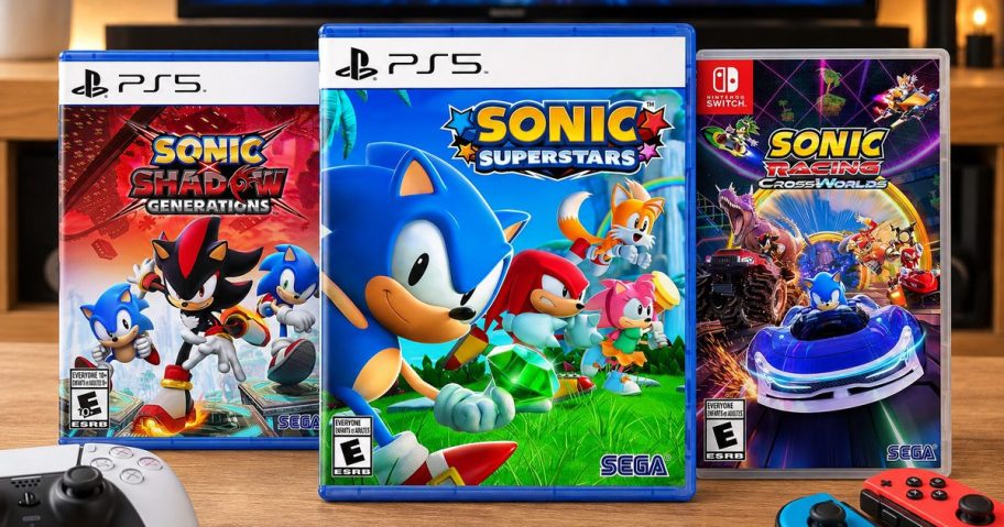 Three Sonic video games displayed in a cozy home gaming setup