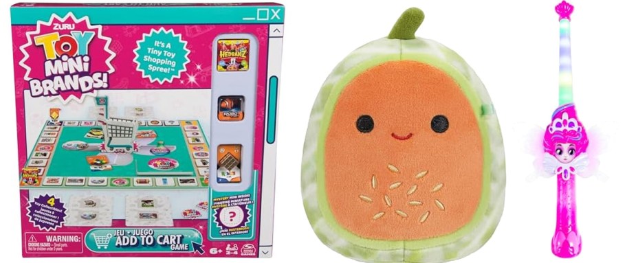 mini brands game, squishmallows plush, and magic wand toys in a row