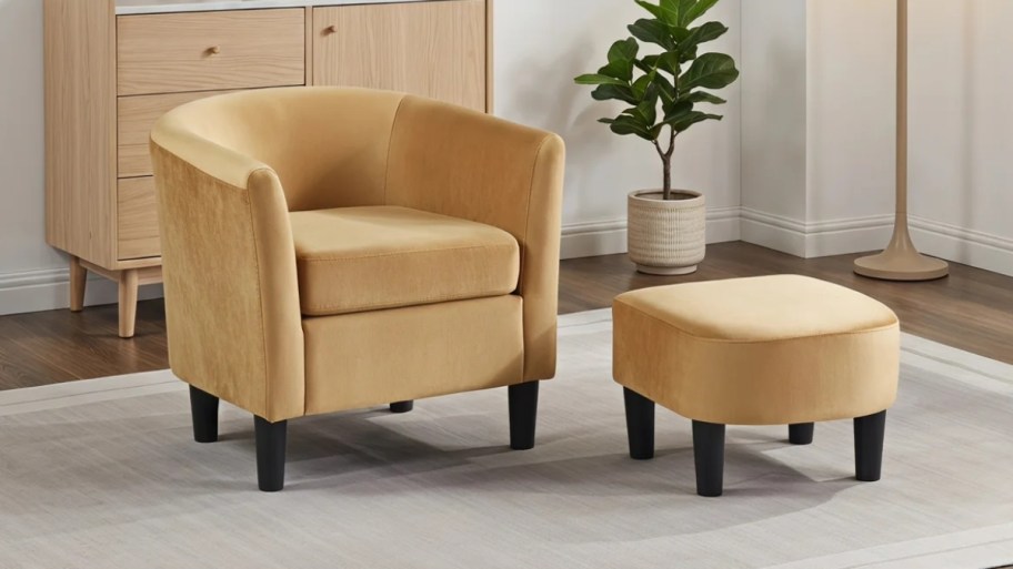 yellow velvet chair and ottoman