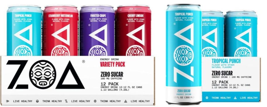 ZOA zero sugar variety pack and tropical punch 12-packs