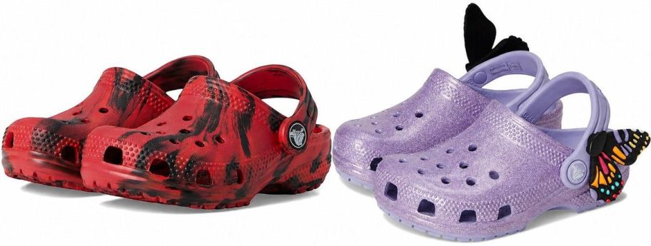 Red marbled and purple butterfly kids&rsquo; Crocs