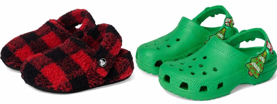 Buffalo plaid slippers and green holiday kids&rsquo; Crocs