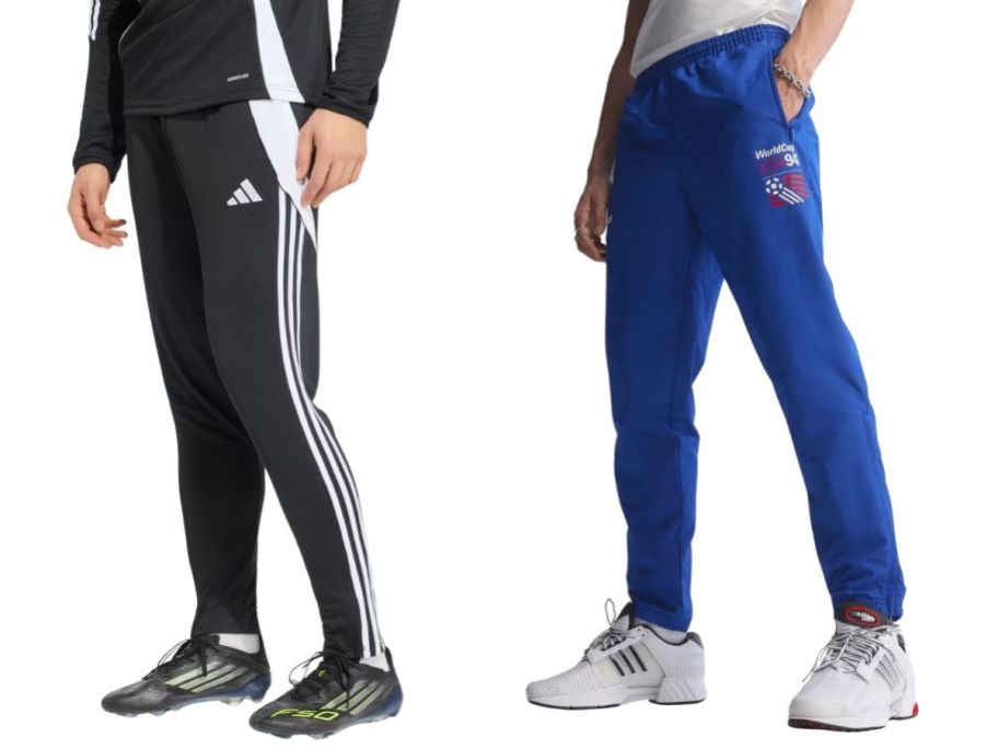black adidas Men's Tiro 24 Training Pants and blue USA 94 Graphic Woven Track Pants