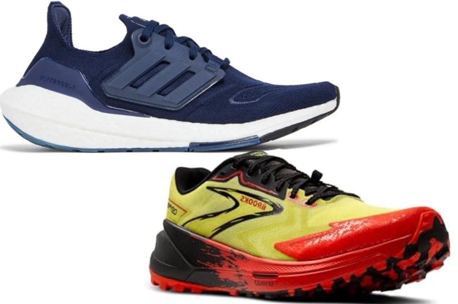 blue adidas and yellow and red altra shoes 