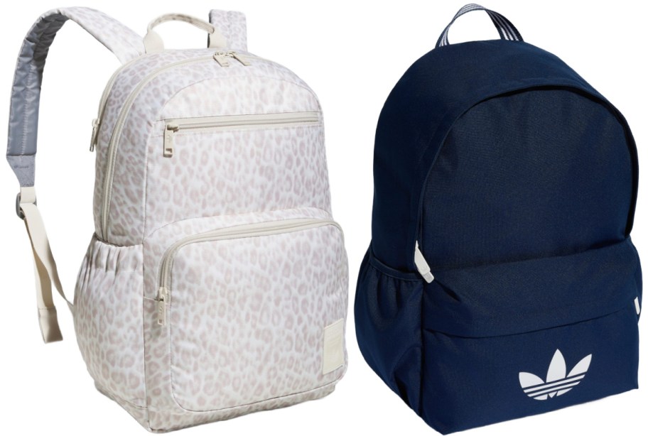 Two Adidas backpacks displayed side by side: a light-colored backpack with a beige animal print pattern, multiple zippered pockets, and side water bottle pouches, and a solid navy blue backpack featuring a white Adidas trefoil logo on the front pocket.