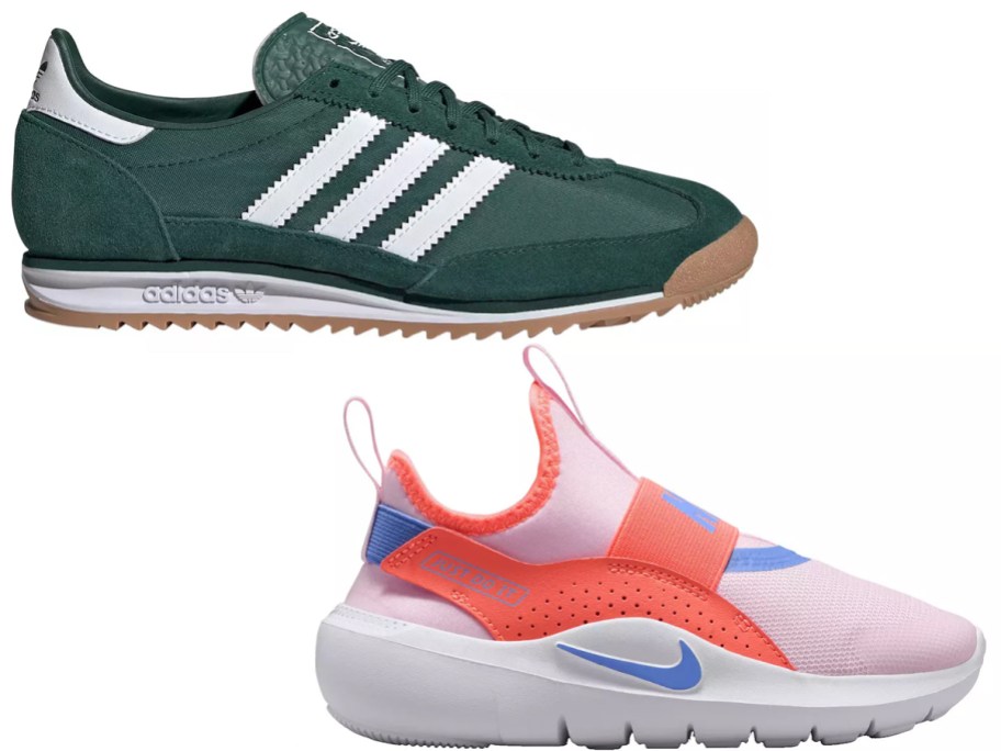 green and pink/orange shoes
