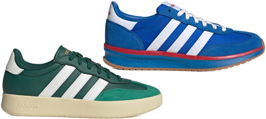 Two pairs of Adidas sneakers displayed side by side: a dark green pair with white stripes and a light sole, and a blue pair with white stripes and a red accent stripe along the midsole.