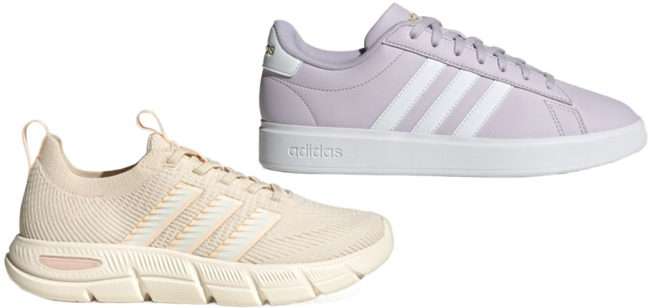 Two pairs of Adidas sneakers displayed side by side: a beige knit slip-on pair with tonal stripes and a chunky sole, and a light lavender pair with white stripes and a solid white sole.