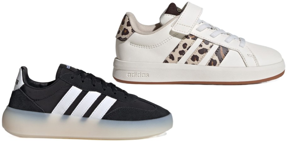 Two pairs of Adidas sneakers displayed against a white background: a black pair with white stripes and a translucent sole, and a white pair with leopard print stripes, a matching heel tab, and a hook-and-loop strap.