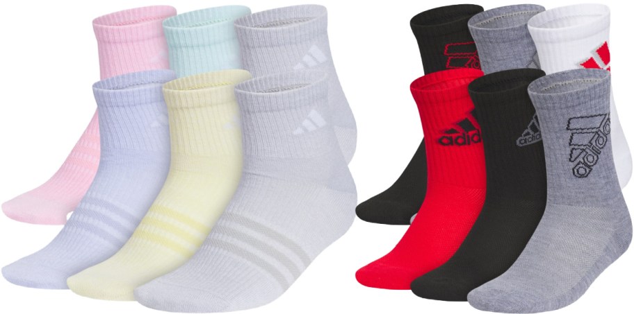 Two groups of Adidas quarter socks displayed in various colors including pastel pink, light blue, lavender, yellow, white, red, black, and grey with logo details.