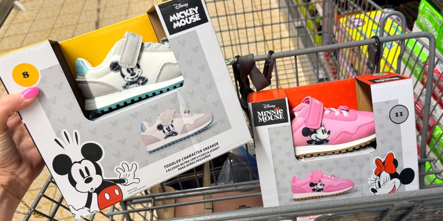 two kids disney shoes in box in shopping cart 