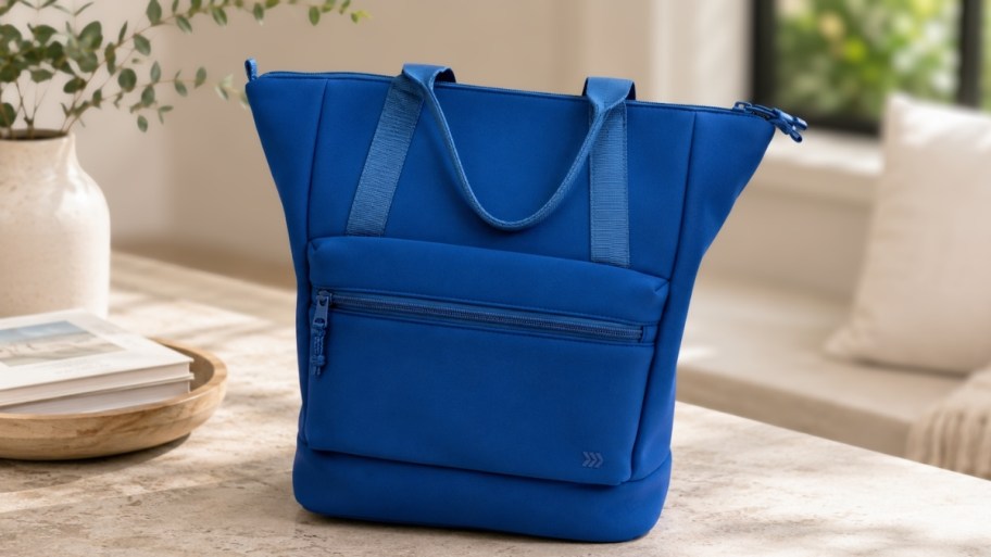 blue tote bag on a counter top