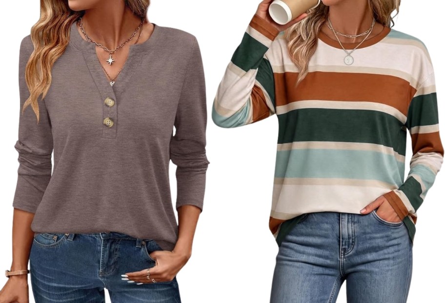 woman in a long sleeve v neck top and a woman in a long sleeve striped tee 
