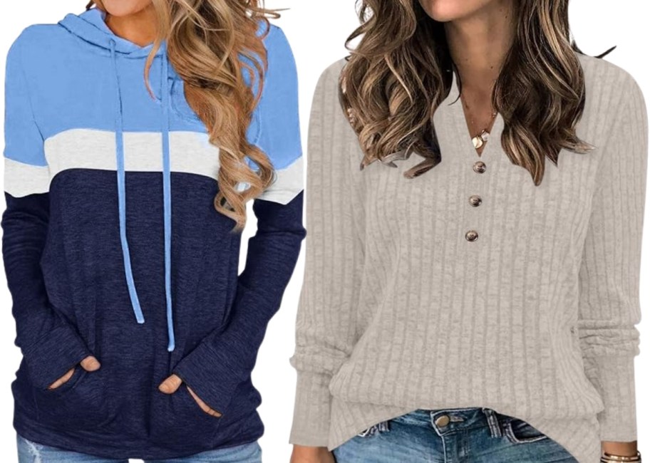 woman in lstriped long sleeve hooded tee and a woman wearing a long sleeve button henley top