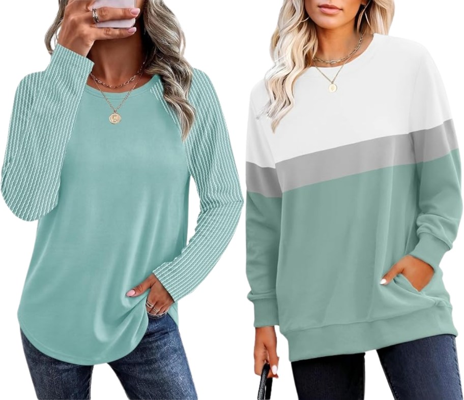 woman in a light green tunic top with round hem and a woman in a color block sweatshirt