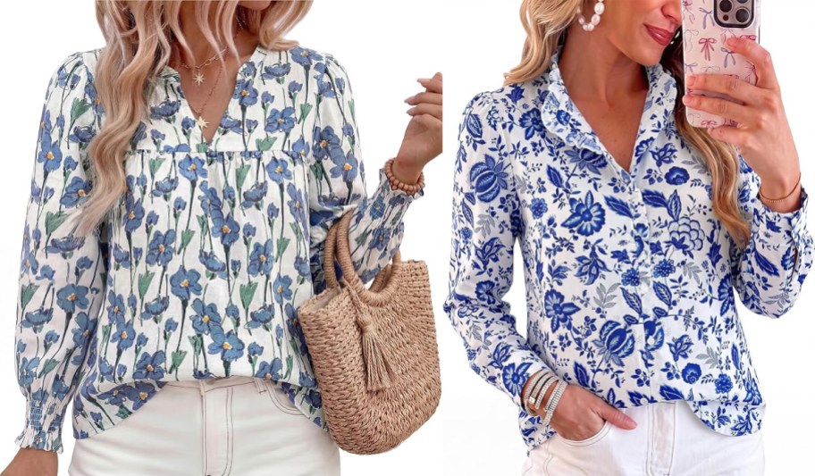 two women wearing blue and white floral tees
