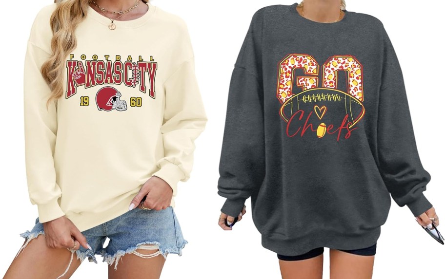 women wearing beige and gray chiefs sweatshirts 