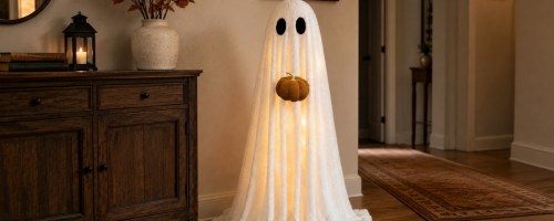 shrepa ghost with pumpkin by a credenza