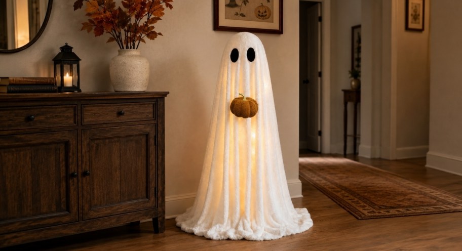 shrepa ghost with pumpkin by a credenza