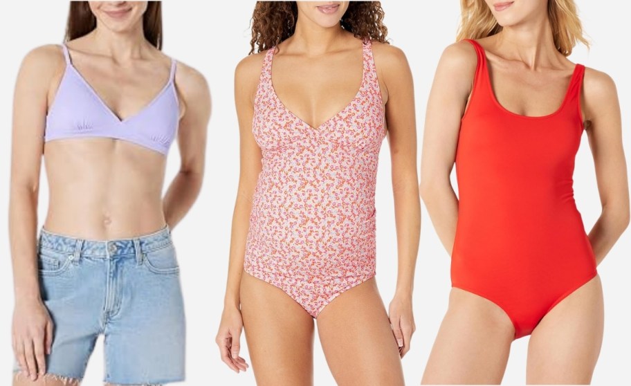 a woman in a bikini swim top and 2 women in one piece swimsuits
