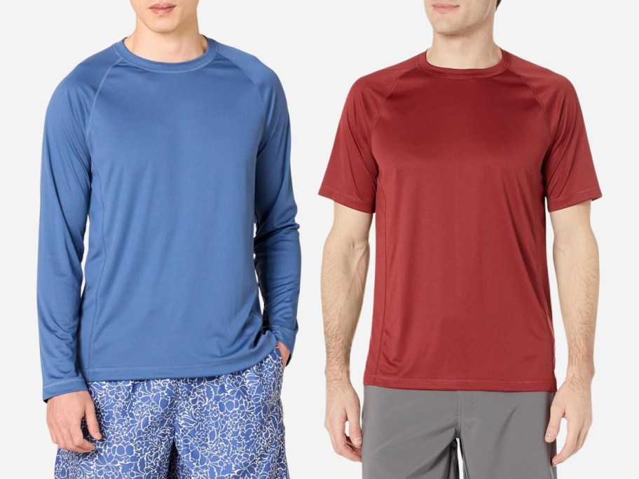two mena in spf rash guard swim tops