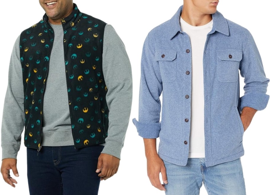 man in fleece vest and mans in shacket