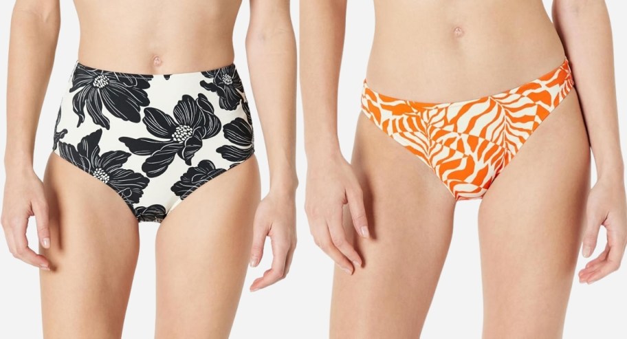 two womens in 2 different styles of swim bottoms