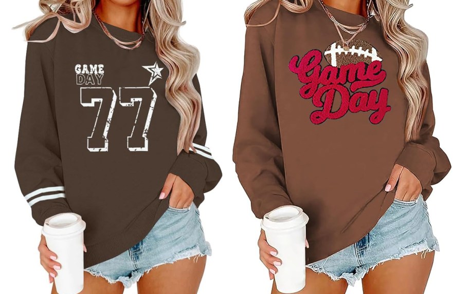 women wearing brown game day sweatshirts 