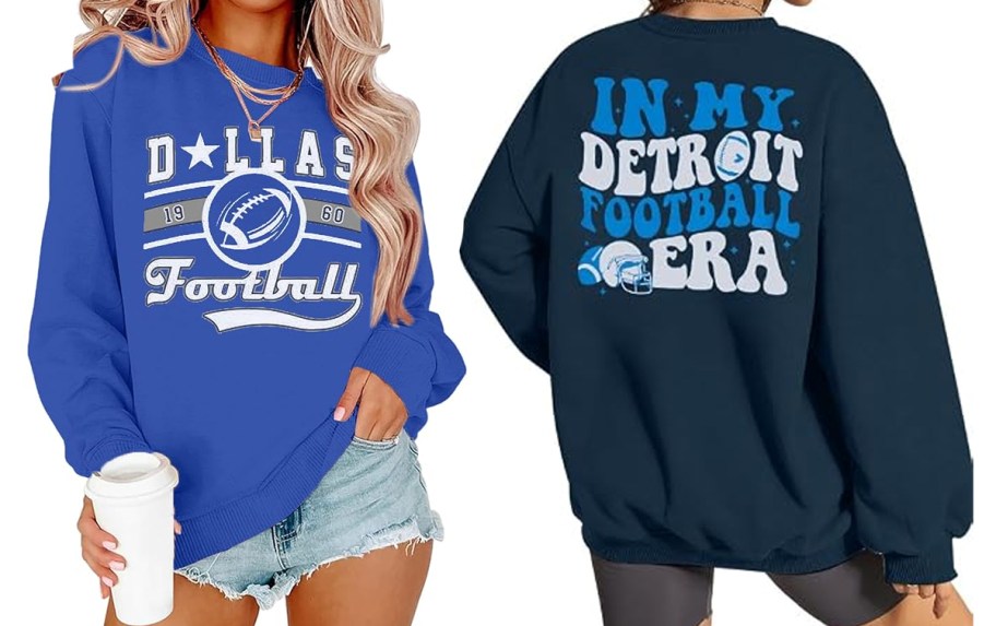women wearing blue dallas and detroit football sweatshirts 