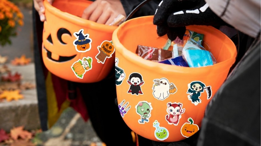 trick or treat buckets with halloween stickers
