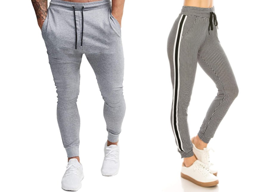 mens grey pants and womens checkered pants