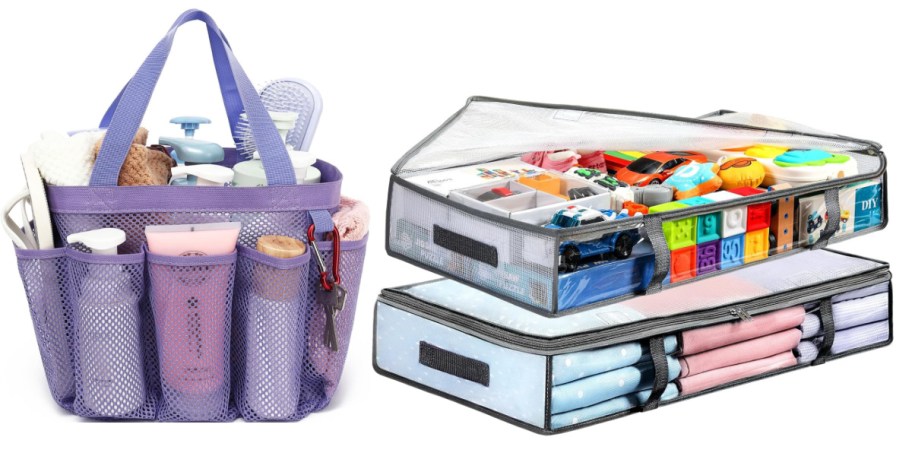 purple mesh shower bag and rectangle clear storage bags
