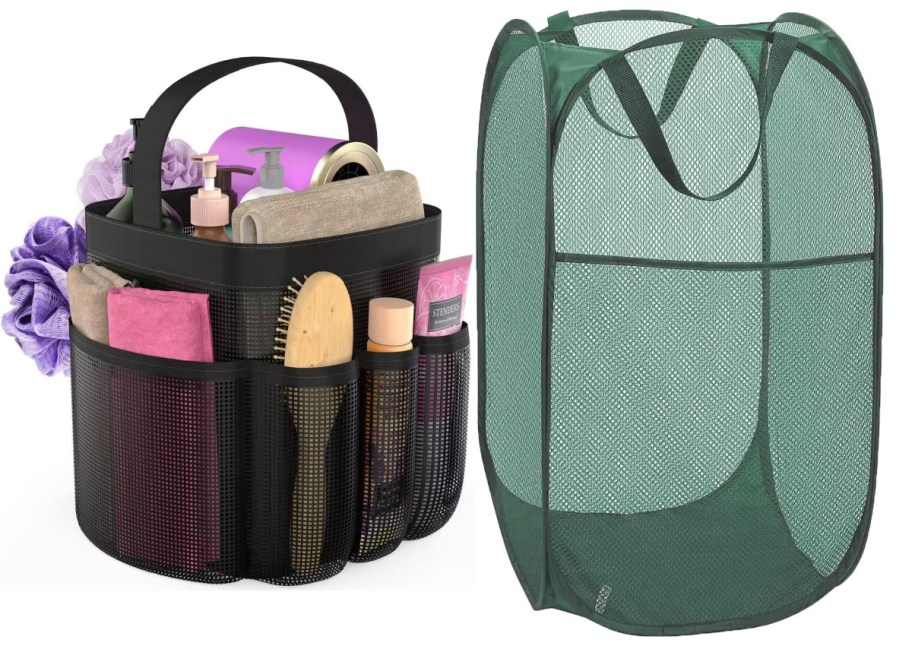 black mesh shower caddy and green mesh basket