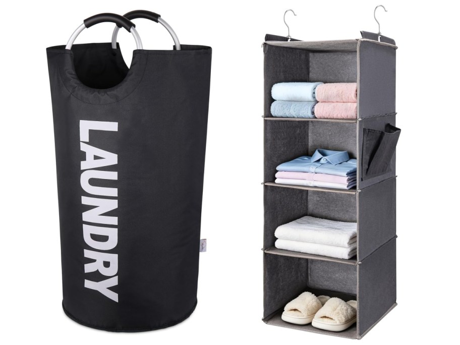 tall black laundry basket and grey hanging shelf