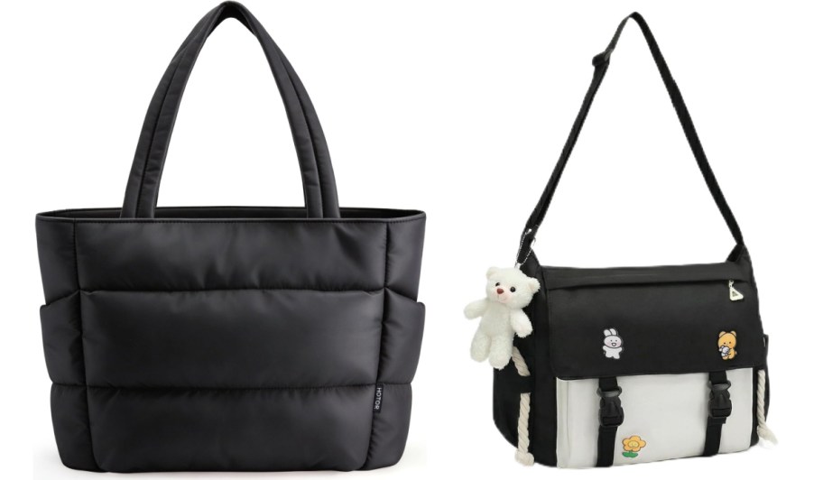 black puffer tote and black purse with keychains