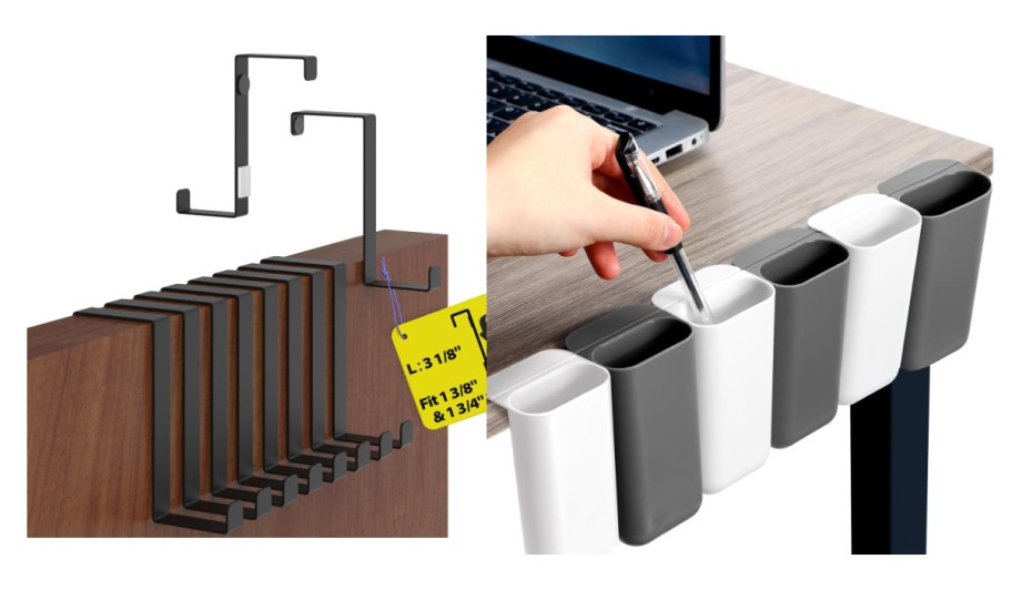 metal hooks over door and pencil bins hanging over desk